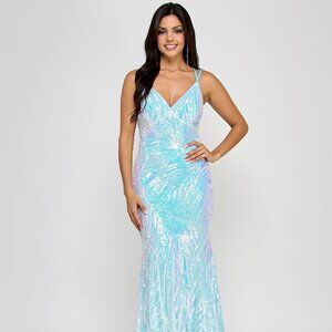 Morgan & Company Juniors Sleeveless Feathered Sequin Gown Baby Blue Size 13